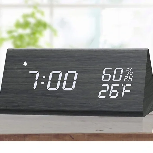 Digital alarm clock black wood green light new - Picture 3 of 7